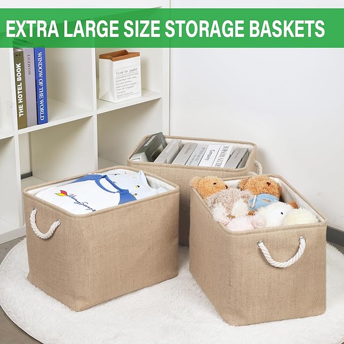 Bidtakay Fabric Storage Baskets for Shelves 3 Pack Large Storage Bins for Organizing Linen Collapsible Organizer for Closet-Flaxen-Ruum Studio Home