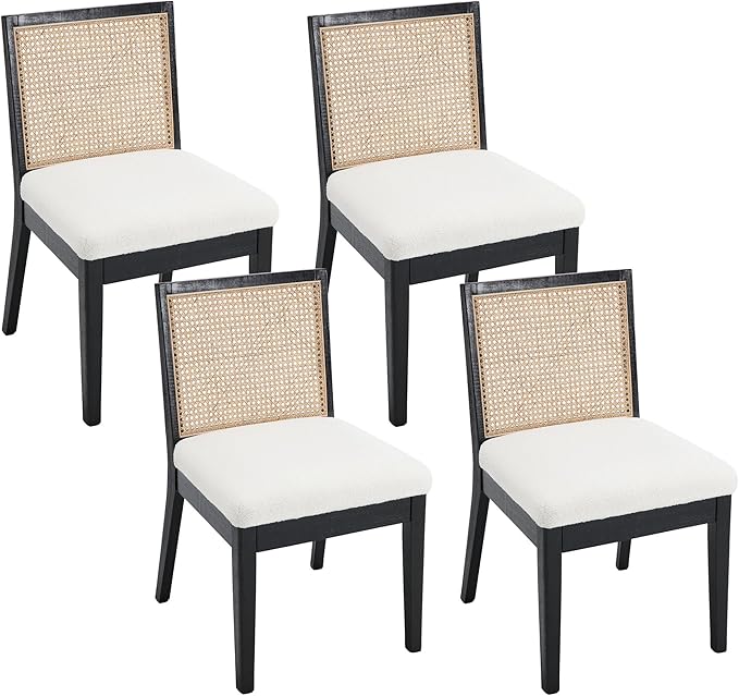 VESCASA Upholstered Dining Chairs with Square Rattan Back, Armless Padded Sherpa Fleece Cushion Dining Chairs with Wood Legs for Dining Room, Kitchen, Set of 4, Black Frame-Ruum Studio Home