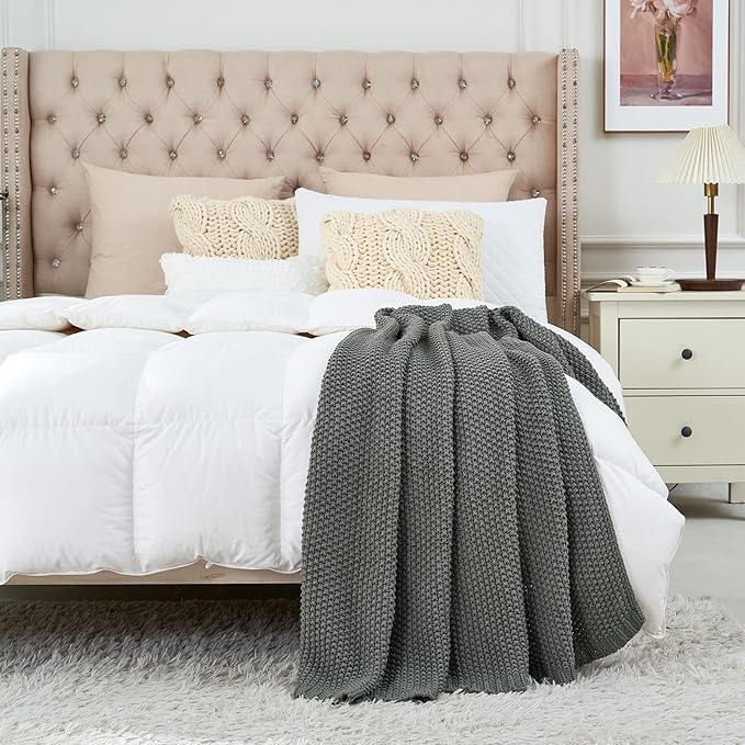 Longhui bedding Chunky Cable Knit Throw Blanket Lightweight Grey 100% Organic Cotton Blanket for Sofa Couch Bed Baby Nursery, Rustic Shabby Chic Modern Farmhouse, Gray 51” x 63” Give Laundering Bag-Ruum Studio Home