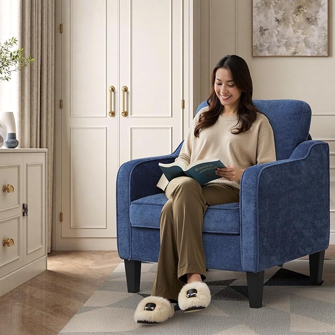 Accent Chair for Living Room, Mid Century Modern Reading Chair for Bedroom, Upholstered Armchair with Side Pockets, Comfy Single Sofa Side Chair for Office, Apartment, Small Room, Blue-Ruum Studio Home