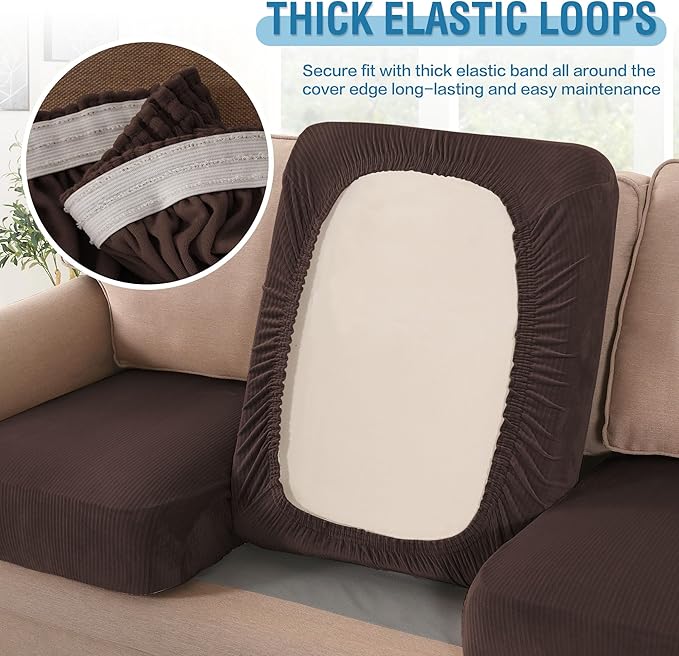 H.VERSAILTEX Velvet Stretch Couch Cushion Cover Plush Cushion Slipcover for Chair Loveseat Sofa Cushion Furniture Protector Seat Cushion Sofa Cover (2 Piece Large Sofa Cushion Covers, Brown Striped)-Ruum Studio Home