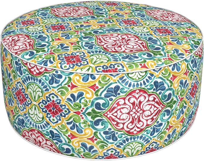 Inflatable Ottoman Stool D31 xH14 for Outdoor/Indoor Use, Water Repellent Patio Foot Rest Stool with Portable Handle,Round Pouf Ottoman Suitable for Garden,Deck and Camping - Damask Red-Ruum Studio Home