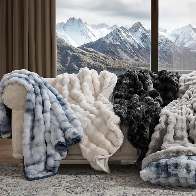EVERGRACE Ultra Soft Luxury Fluffy Ridgeline Faux Rabbit Fur Throw Blanket, Thick Warm Bubble Throw for Bed, Cozy Plush Reversible Blankets for Couch, Chair, Sofa, Cloud Blue, 50x60 Inches, 870 GSM-Ruum Studio Home
