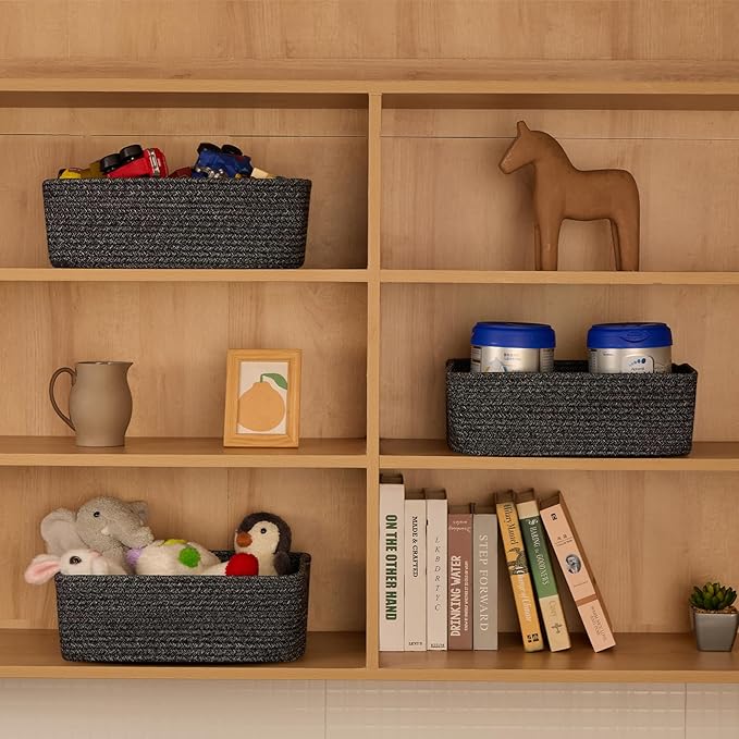 Large Shallow Organizing Baskets 15x11x5.1 Inches - Rope Woven Storage Bins for Bathroom, Shelves, Cube Closet, Mixed Black 2 Packs-Ruum Studio Home