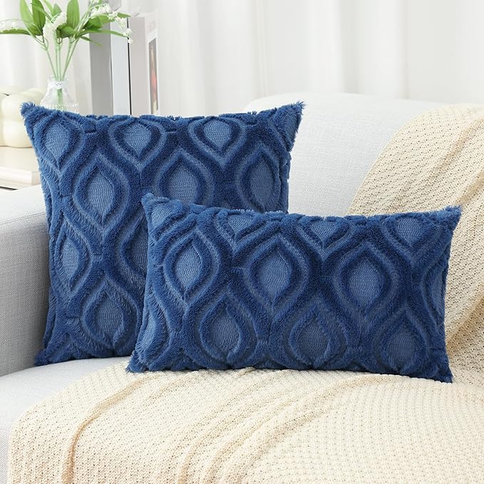 decorUhome Fall Throw Pillow Covers 22x22 Inch Set of 2, Soft Plush Decorative Faux Fur Dark Blue Solid Couch Pillow Covers, Accent Farmhouse Neutral Square Euro Pillow Cases for Sofa Bed Living Room-Ruum Studio Home