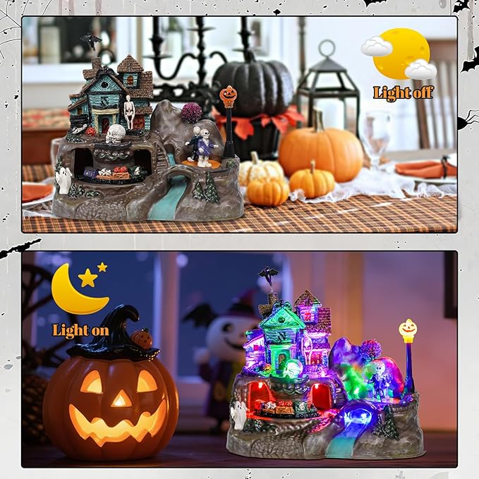 DREAM GARDEN Halloween Village Collection, Lighted Spooky Haunted House with Animated Train and Scary Sound Halloween Collectible Bulidings with Skull, Pumpkin, Ghost for Holiday Party Tabletop Decor-Ruum Studio Home