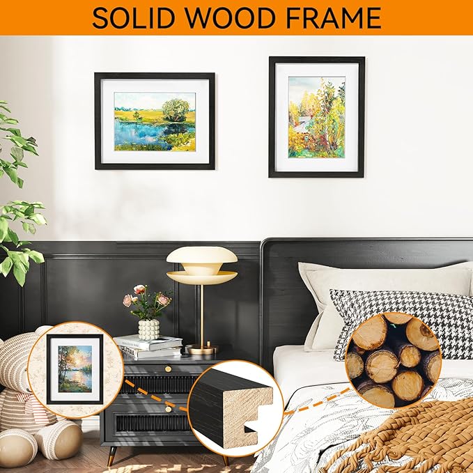 IBUYKE 11 x14 Picture Frame,Solid Oak Wood 11x14 Photo Frame with Mat to 8x10,11x14 Picture Frames With Tempered Glass,Wall Mount Display,Home Decor,Black Oak 14 x 11 Frame,UWPF1114B-Ruum Studio Home