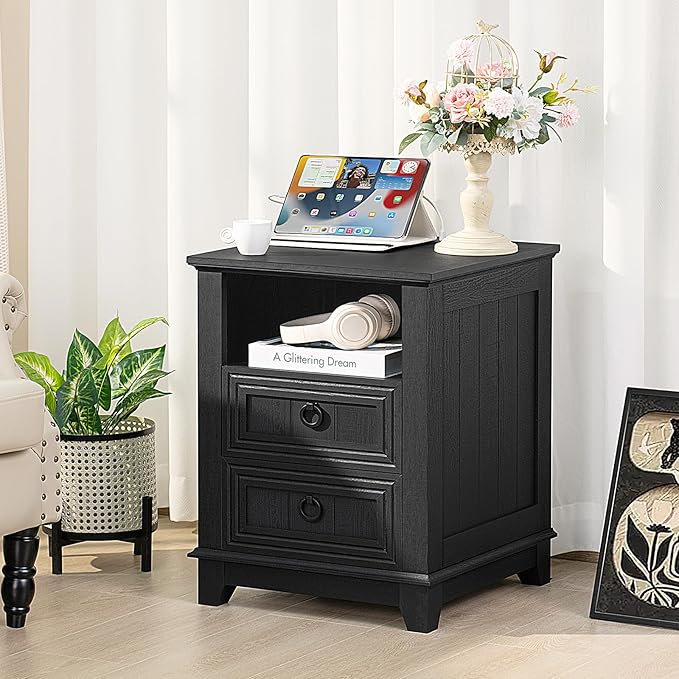 18" Night Stands Set of 2 with Charging Station, Farmhouse 2 Drawers End Table Dresser for Bedroom, Black Wooden Nightstand, Bed Side Table with Open Shelf, Bedside Cabinet for Living Room-Ruum Studio Home