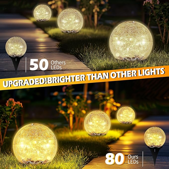 Garden Solar Ball Lights Outdoor Waterproof, 80 LED Cracked Glass Globe Solar Power Ground Lights for Path Yard Patio Lawn, Christmas Decoration Landscape Warm White(2 Pack 5.9'')-Ruum Studio Home
