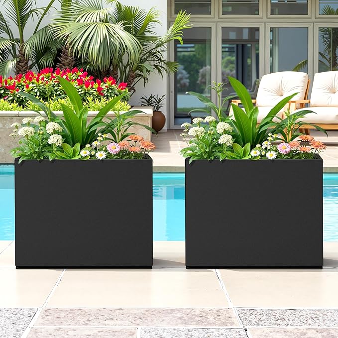 FENCY Metal Planter Box, Large Rectangular Planters for Outdoor Plants, Outdoor Tall Planters with Drainage Holes, Black Metal Planters (30" L x 12" W x 24" H)-Ruum Studio Home