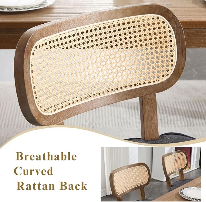 Rattan Dining Chairs Set of 4, Upholstered Linen Dining Room Chair with Cane Backrest Wooden Farmhouse Kitchen Chairs Armless Side Chair for Dining Room/Restaurant, Black-Ruum Studio Home