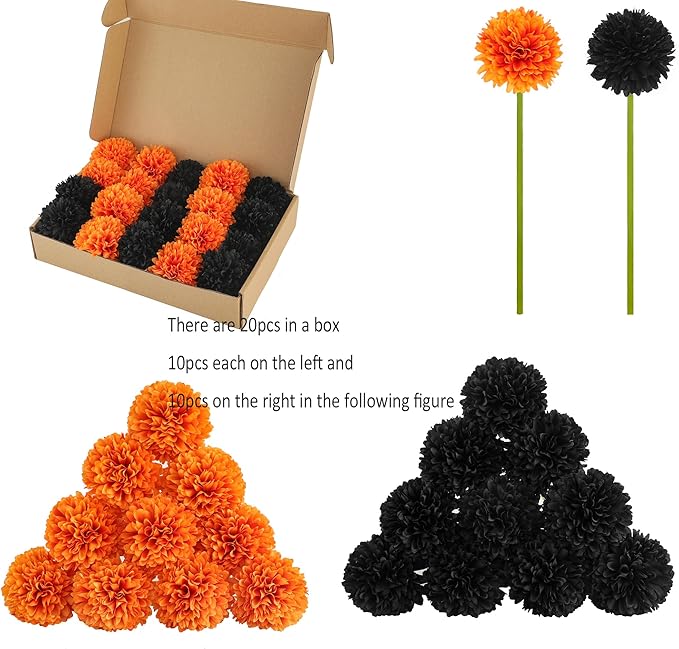 Kimura's Cabin 20Pcs Faux Mums Flowers Fake Chrysanthemum Artificial Silk Ball Flowers for Halloween Garden Home Kitchen Table DIY Decoration Center Fall Bouquets (Orange Black)-Ruum Studio Home