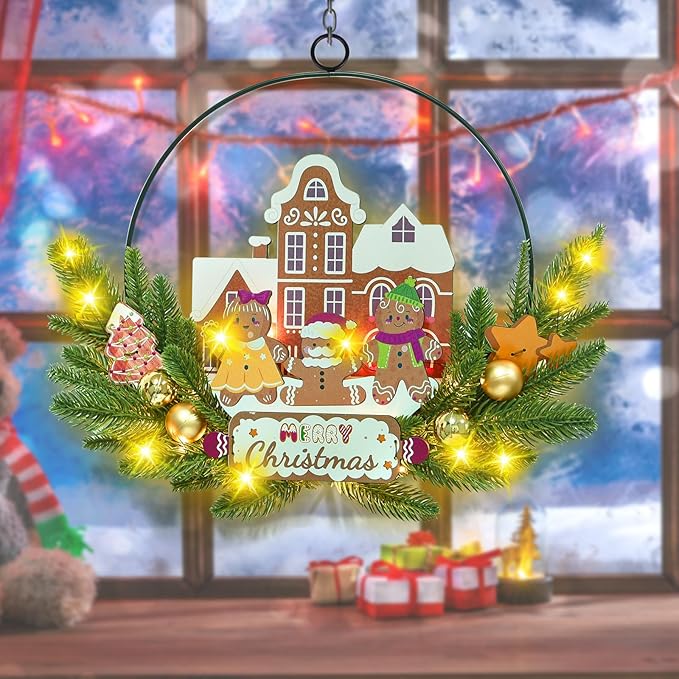 Light up Christmas Wreaths for Front Door, Welcome Metal Wooden Door Wreath Decor Hanging Sign, 30 LED Lighted Wall Decor Battery Operated for Halloween Indoor Outdoor (Gingerbread Man)-Ruum Studio Home