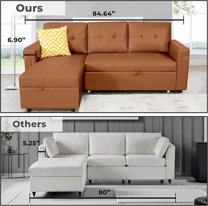 Naomi Home L-Shaped Reversible Sectional Sofa with Pull-Out Sleeper Bed and Storage Chaise, Caramel Air Leather-Ruum Studio Home