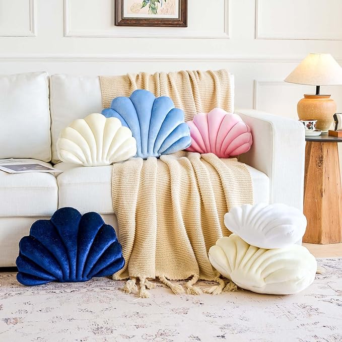 White Seashell Throw Pillows, Shell Shaped Throw Pillows, 13 Inch Soft Velvet Home Decorative Pillow Plush Cushion for Bed Couch Living Sofa Room Decor Accent Throw Pillow-Ruum Studio Home