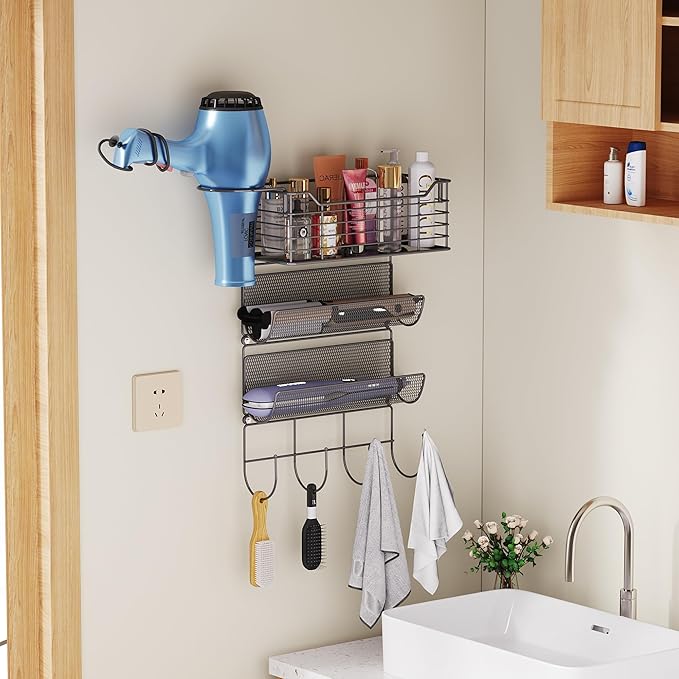 VITVITI Metal Hair Tool Organizer Wall Mount, Hair Dryer Holder with 3 Tier Shelf Basket Hooks, Bathroom Hair Styling Tool Organizer for Curling Iron/Blow Dryer/Straightener, Matte Black-Ruum Studio Home