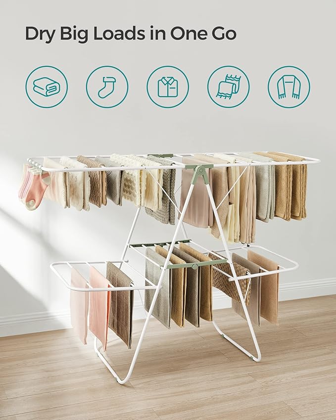 SONGMICS Clothes Drying Rack, Foldable 2-Level Laundry Drying Rack, Free-Standing Laundry Airer, with Height-Adjustable Wings, 33 Drying Rails, Sock Clips, White and Green ULLR053C01V1-Ruum Studio Home