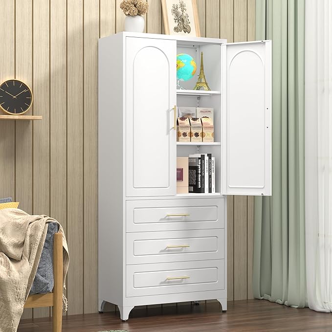 Kitchen Pantry Cabinet, 75" Tall Pantry Cabinet with Three Drawers, Freestanding Food Cupboard with Doors and Shelves, Metal Storage Cabinets for Dining, Living Room, White, Assembly Required-Ruum Studio Home