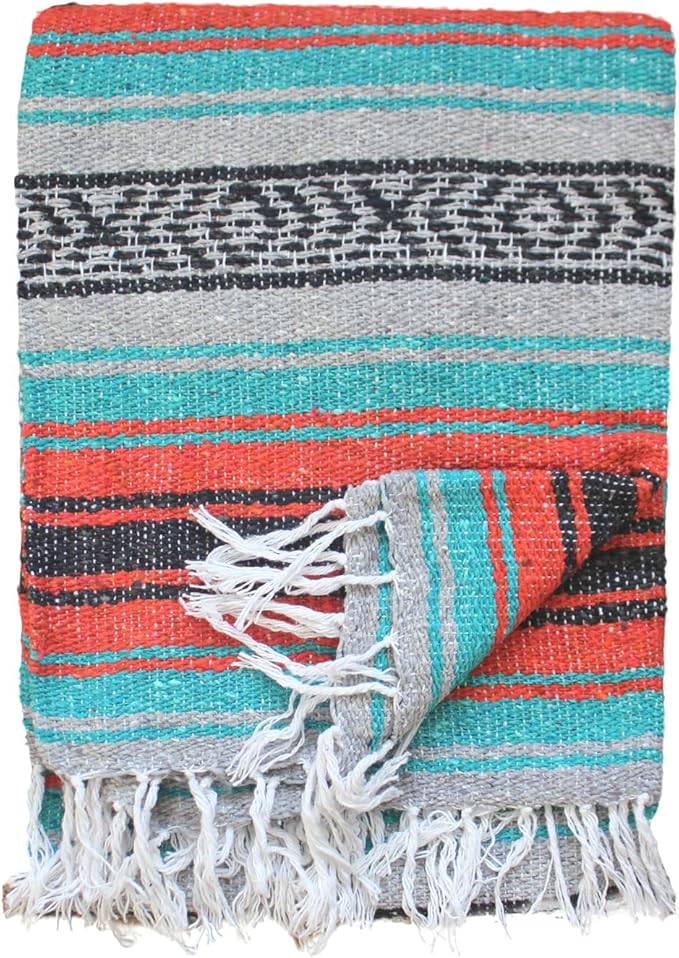 Del Mex Classic Mexican Blanket, Large Authentic Woven Falsa Throw (70"x50"), Artisan Southwest Décor for Beach, Yoga, Outdoors (Mint/Orange/Gray)-Ruum Studio Home