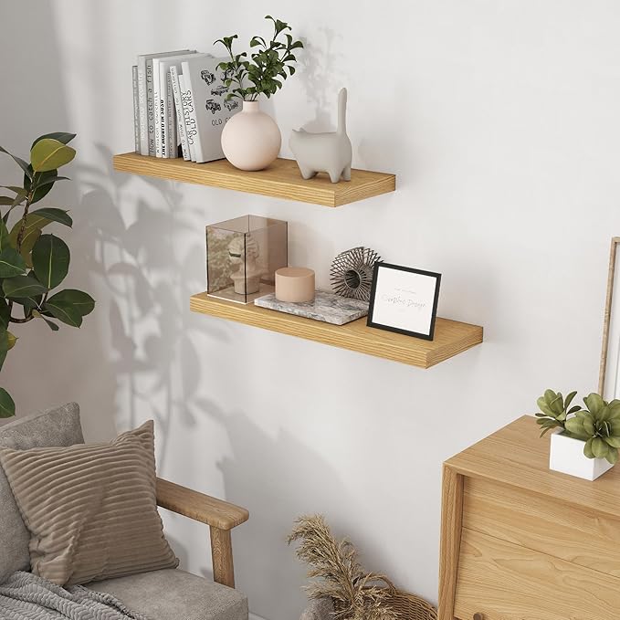 Rustic Wood Floating Shelves 32 Inch Long, 9 Inch Deep Wall Shelves for Home Decor, 32 x 9 Floating Shelf Wall Mounted Set of 2, Deep Floating Shelves for Kitchen, Bedroom, Living Room, Oak Color-Ruum Studio Home