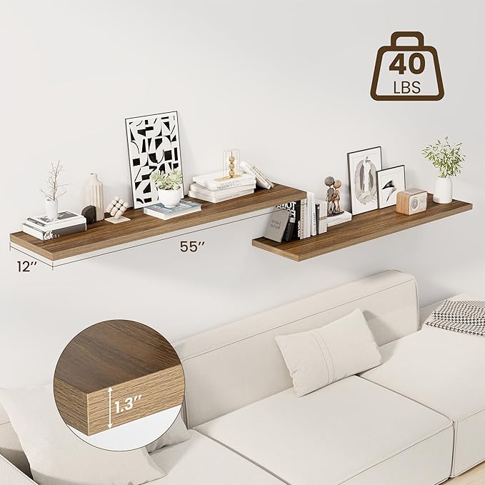 55" Floating Shelves for Wall, 12" Deep Slim Walnut Floating Shelves, Wall-Mounted Shelves for Bedroom, Living Room, Kitchen, Bathroom - Set of 2-Ruum Studio Home