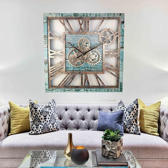 The Gears Clock 24'' Inch Square Real Moving Gear Wall Clock Vintage Industrial Oversized Rustic Farmhouse (Aqua Green)-Ruum Studio Home