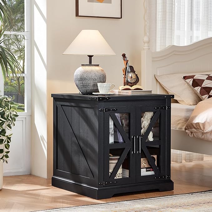 24" End Table with Charging Station, Farmhouse Night Stand with Glass Barn Door, Black Nightstands with Adjustable Storage Shelf, Large Wood Square Bed Side Table for Living Room,Bedroom-Ruum Studio Home