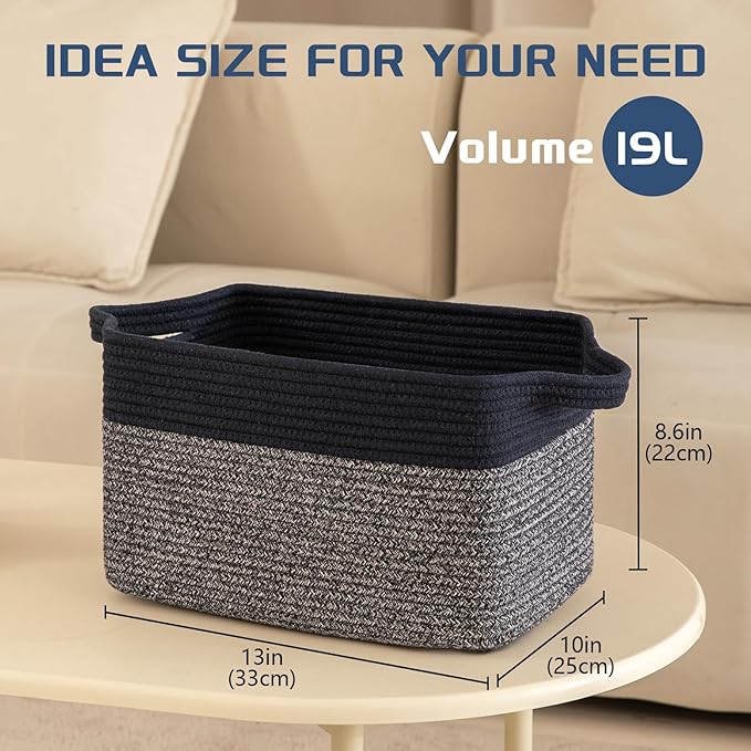 Storage Basket for Organizing, Woven Baskets for Storage, Rectangle Decorative Baskets for Shleves, Closet, Toys, Books, Nursery Organizer Bins - Pack of 3 (Blue & Black)-Ruum Studio Home