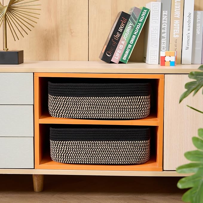 Large Shallow Organizing Baskets 15x11x5.1 Inches - Rope Woven Storage Bins for Bathroom, Shelves, Cube Closet, Black Woven Brown 2 Packs-Ruum Studio Home