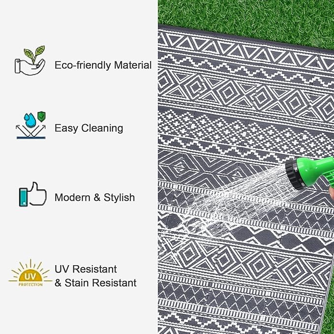 GAOMON Outdoor Rug Waterproof 8'x10', Reversible Outdoor Plastic Straw Rug, Boho Patio Rug, Indoor Outdoor Carpet, RV Mat Outside for Patio, Camp, Picnic, Balcony, Deck, Grey/White(Bohemia)-Ruum Studio Home