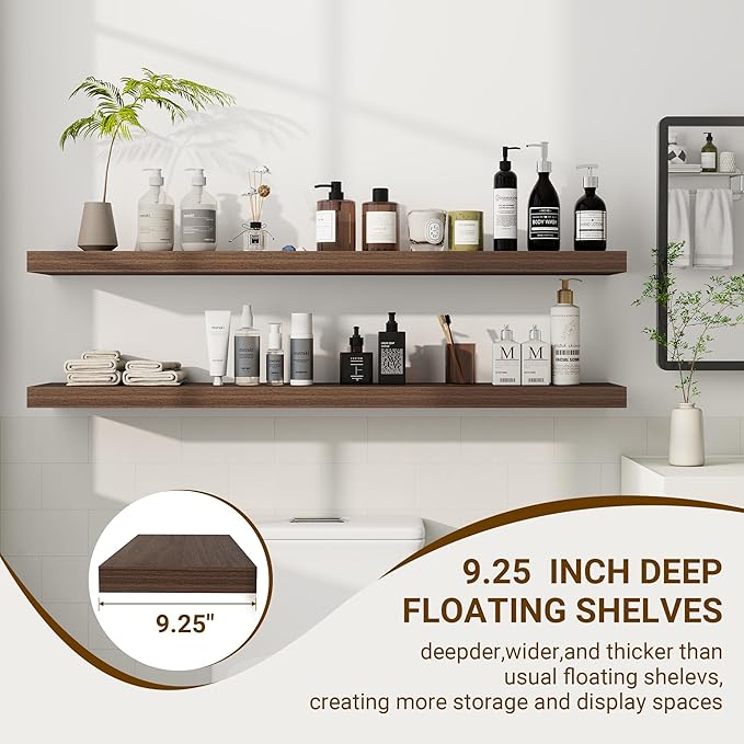 48 Inch Floating Shelves, 48"x9.25"x1.5" Inch Deep Floating Shelves for Wall, Wooden Shelves for Bathroom, Bedroom, Living Room, Walnut-Ruum Studio Home