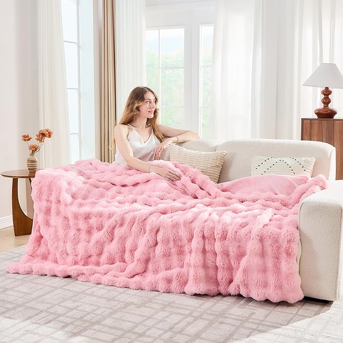 Lotus Karen Faux Fur Throw Blanket Pink - Big Bubble Rabbit Fluff Blanket for Couch, Small Fluffy Fuzzy Cozy Blanket,Thick Furry Plush Shaggy Blankets,50x60 Inches-Ruum Studio Home