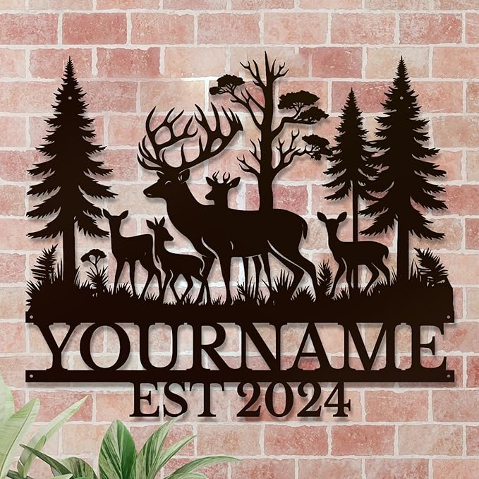 Personalized Deer Forest Name metal Signs,Custom Shed Metal Wall Decor,Black Deer Metal Wall Art Decor,Deer Home Metal Signs Plaques,Outdoor wall Decorative Signage (Style E)-Ruum Studio Home
