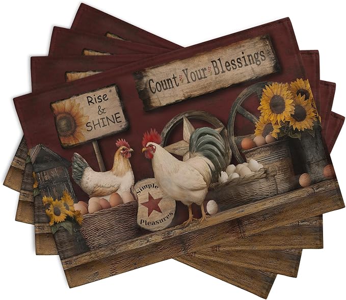 Farmhouse Rooster Placemats Set of 4 Farm Animal Chicken Place Mats 12x18 Inch Vintage Rustic Country Linen Table Mat Washable Non-Slip Placemat for Party Kitchen Dining Decor-Ruum Studio Home