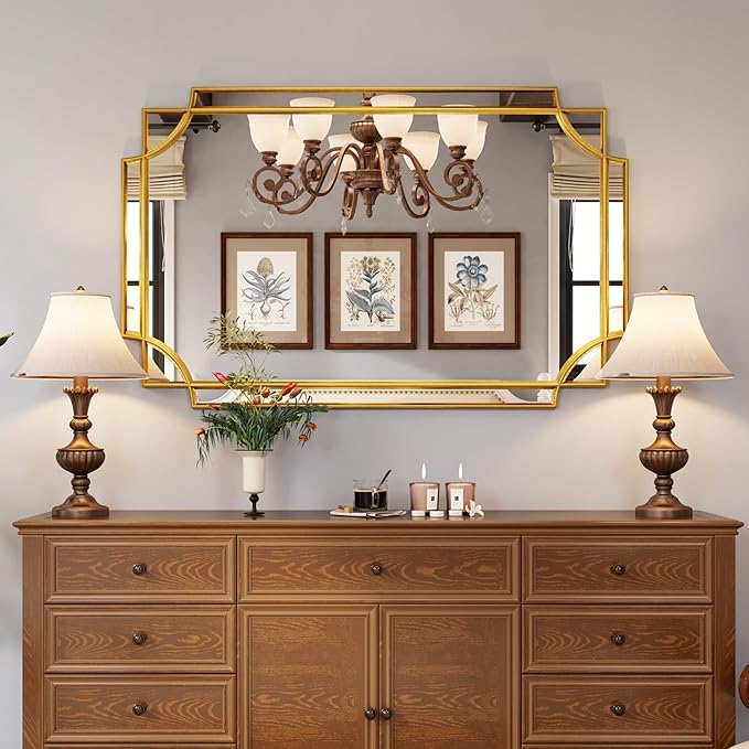 Kelly Miller Large Gold Mirror for Wall, 30"x46" Gold Bathroom Mirror Vanity Mirror Decorative Mirror Scalloped Beveled Mirror for Master Bath Half Bath Living Room Bedroom Farmhouse Fireplace Hallway-Ruum Studio Home