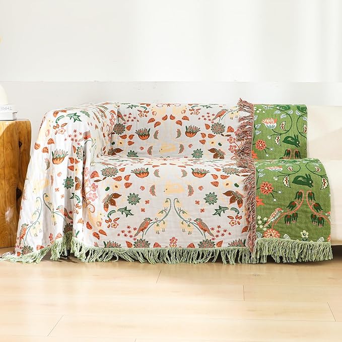 Boho Throw Blanket for Bed, 100% Cotton Ultra Soft Rustic Quilt King Blanket Florals and Animals Printed Farmhouse Decor Large Bed Blankets,90"×98" All Season Rustic Throw for Sofa Couch Chair-Ruum Studio Home