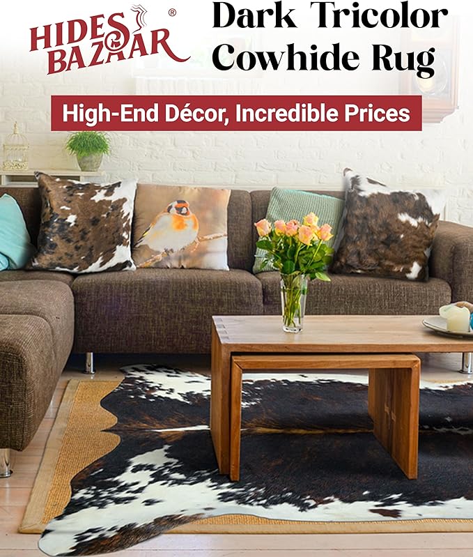 Natural Cowhide Rug for Home & Office Premium Dark Tricolor Cowhide Rug with Unique Dark Brown, Black & White Patterns- Cow Hide Rugs Made with Tanned Leather - Cow Hide Rugs 6x6-7 ft-Ruum Studio Home