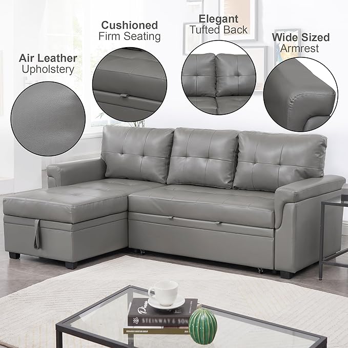 Naomi Home Modern Sectional Sofa with Storage Chaise Gray/Air Leather-Ruum Studio Home