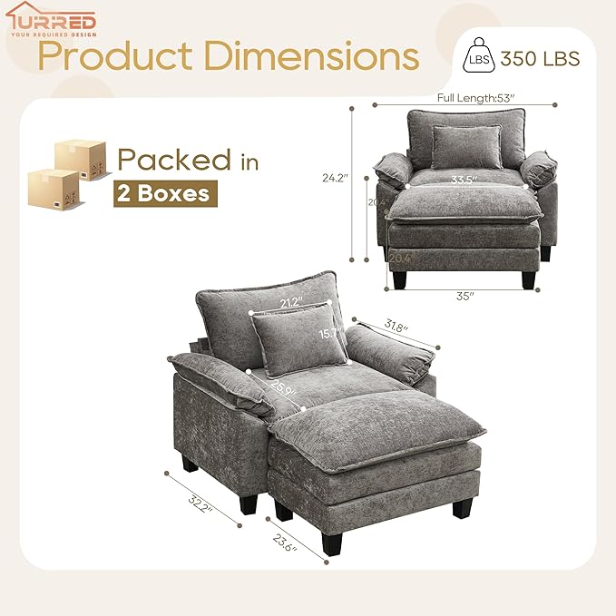 URRED Modular Sectional Sofa Comfy Cloud Couch, Modern Chenille Sofa Sleeper Deep Seat Couches with Ottoman/Pillows for Living Room (Gray, 53''- Ottoman)-Ruum Studio Home
