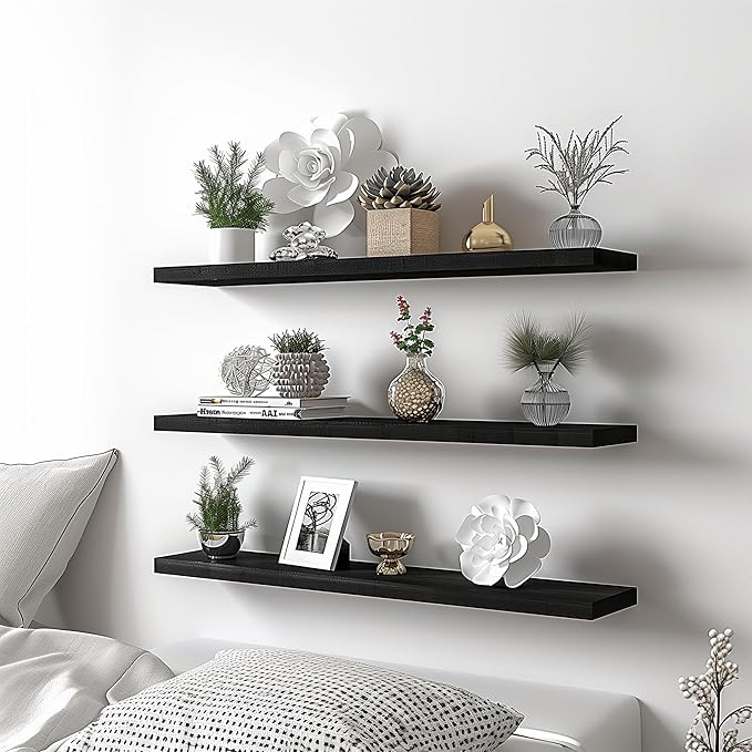 Wood Floating Shelves for Wall Decor, Rustic Wall Shelves for Bedroom Bathroom Kitchen Living Room, Set of 4 Black 36 Inch-Ruum Studio Home