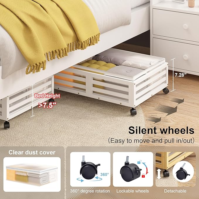 Under Bed Storage Containers With Wheels - 2 Pcs Bamboo Wood Rolling Underbed Shoe Storage Bins With Dust Bags for Clothes Blankets, Duvet Covers Snacks Toys (White)-Ruum Studio Home