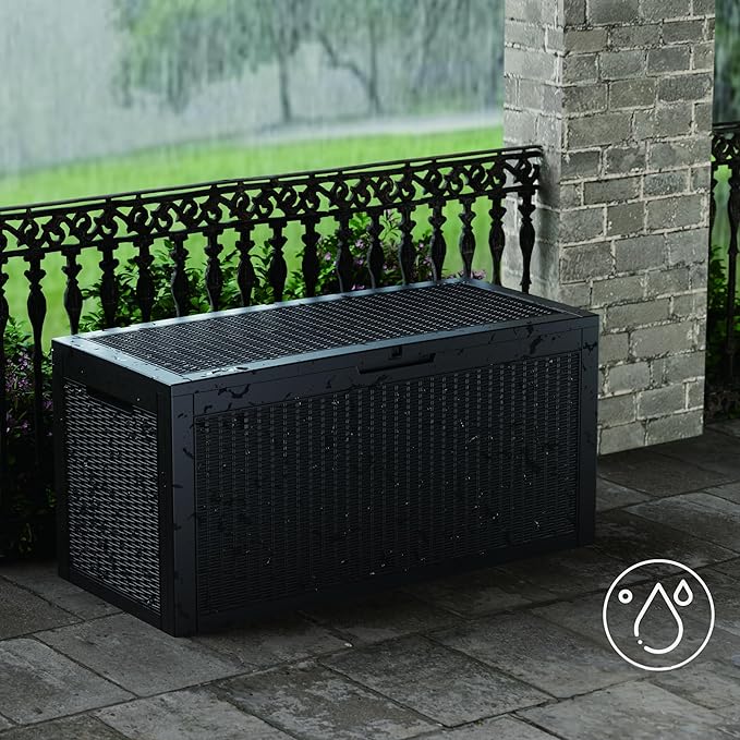 100 Gallon Double-Wall Resin Deck Box - Lockable Waterproof Outdoor Storage Box, 1000lbs Capacity & Doubles as Seating for Patio Furniture - Garden Tools, Pool Accessories (Black)-Ruum Studio Home