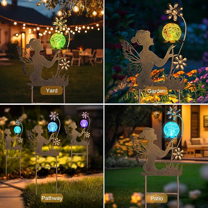 HONGLAND Solar Garden Lights Outdoor Decor, Fairy Figurine Moon Crackle Glass Lights Stake, Housewarming Ornament for Patio, Lawn, Yard, Pathway - Unique Gardening Gifts for Women Mom Grandma-Ruum Studio Home