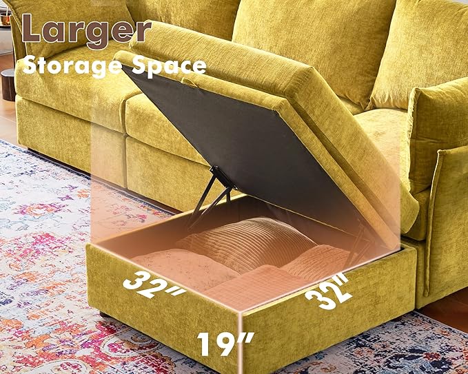 Luxury Modular Sectional Sofa, L-Shaped 3-Seat Couch with Storage Ottoman Deep Seat & Reversible Chaise Lounge Chenille Yellow for Compact Spaces, Apartments, Dorm-Ruum Studio Home