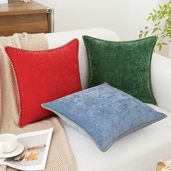 decorUhome Chenille Soft Throw Pillow Covers 20x20 Set of 2, Farmhouse Velvet Neutral Decorative Euro Pillow Covers with Stitched Edge for Couch Sofa Bed Home Decor, Blue-Ruum Studio Home