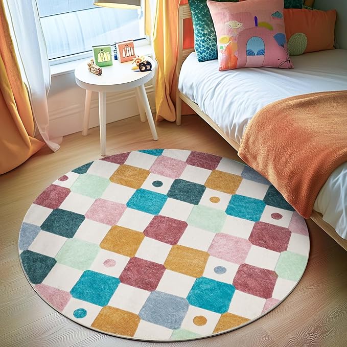 jinchan Round Rug 5ft Kids Washable Rug Indoor Floor Cover Non-Slip Soft Elementary School Classroom Modern Colorful Diamond Carpet for Nursery Daycare Bedroom Playroom Living Room Confetti on Cream-Ruum Studio Home