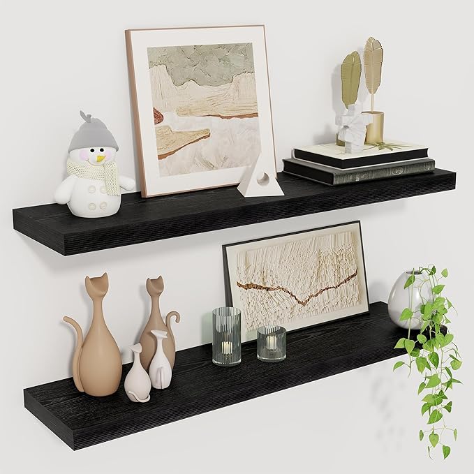 Fun Memories Floating Shelves for Wall, 27.5" Rustic Wood Deep Wall Mounted Shelves with Invisible Brackets for Decor & Storage, Floating Shelf for Living Room, Bathroom (Black, Set of 2)-Ruum Studio Home