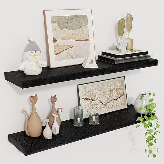 Fun Memories Floating Shelves for Wall, 27.5" Rustic Wood Deep Wall Mounted Shelves with Invisible Brackets for Decor & Storage, Floating Shelf for Living Room, Bathroom (Black, Set of 2)-Ruum Studio Home