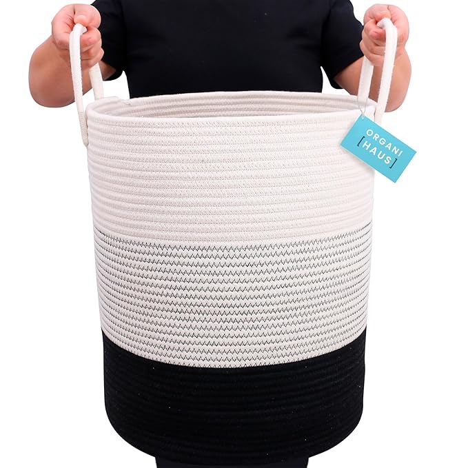 OrganiHaus Black & White Blanket Storage Basket for Living Room 15x18, Woven Nursery Hamper Basket, Large Toy Basket Storage for Kids, Laundry Hamper, Baby Laundry Basket, Cute Cotton Rope Basket-Ruum Studio Home