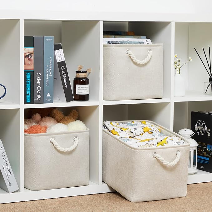 Bidtakay Baskets Collapsible Large Toy Storage Baskets for Organizing Set of 3 Closet Organizer Linen Cream Storage Bins 15 X 11 X 9.5 Inch Shelf Organizer Bins for Nursery Storage (Light Beige)-Ruum Studio Home
